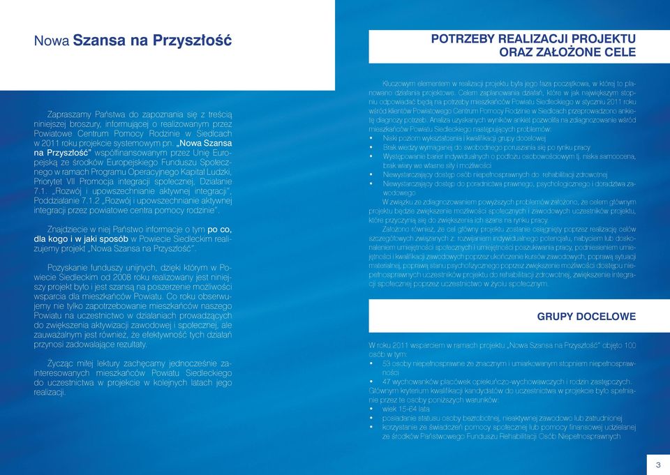 Nowa Szansa na Przyszłość współfinansowanym przez Unię Europejską ze środków Europejskiego Funduszu Społecznego w ramach Programu Operacyjnego Kapitał Ludzki, Priorytet VII Promocja integracji