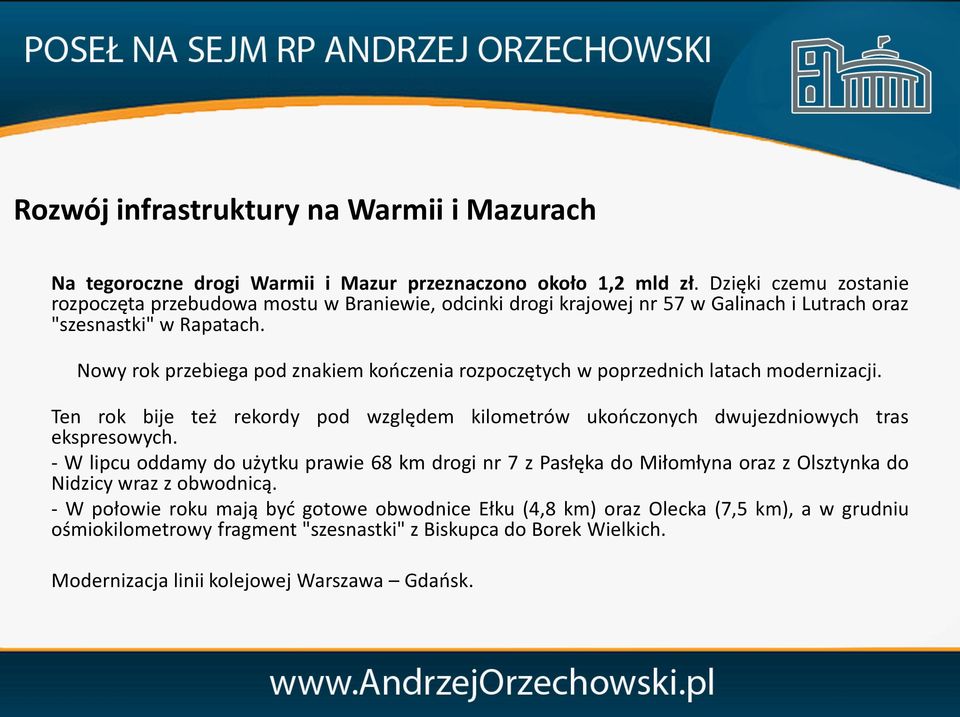 Nowy rok przebiega pod znakiem kończenia rozpoczętych w poprzednich latach modernizacji. Ten rok bije też rekordy pod względem kilometrów ukończonych dwujezdniowych tras ekspresowych.