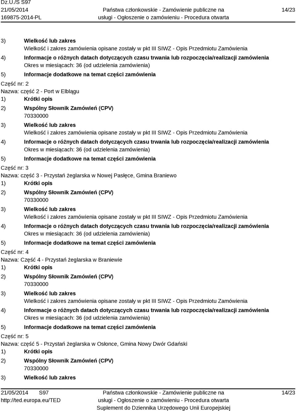 Wspólny Słownik Zamówień (CPV) 70330000 3) Wielkość lub zakres Wielkość i zakres zamówienia opisane zostały w pkt III SIWZ - Opis Przedmiotu Zamówienia 4) Informacje o różnych datach dotyczących