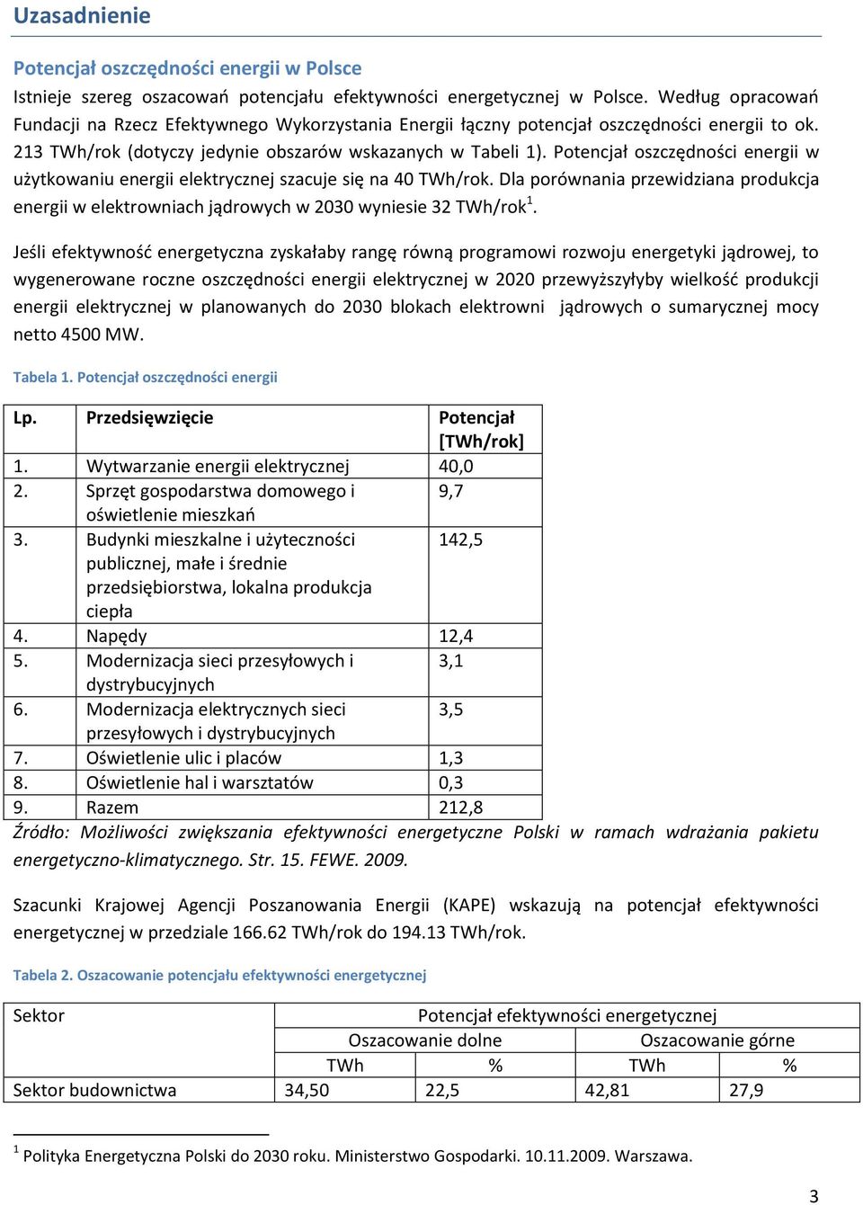 Potencjał oszczędności energii w użytkowaniu energii elektrycznej szacuje się na 40 TWh/rok. Dla porównania przewidziana produkcja energii w elektrowniach jądrowych w 2030 wyniesie 32 TWh/rok 1.