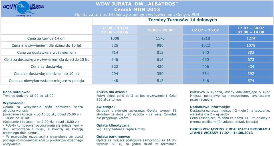 lat 546 616 630 672 Cena za dostawkę 322 420 406 434 Cena za dostawkę dla dzieci do 10 lat 294 350 364 392 Cena za niewykorzystane miejsce w pokoju 448 518 546 574 Trwa od godziny 18:00 do 18:00.