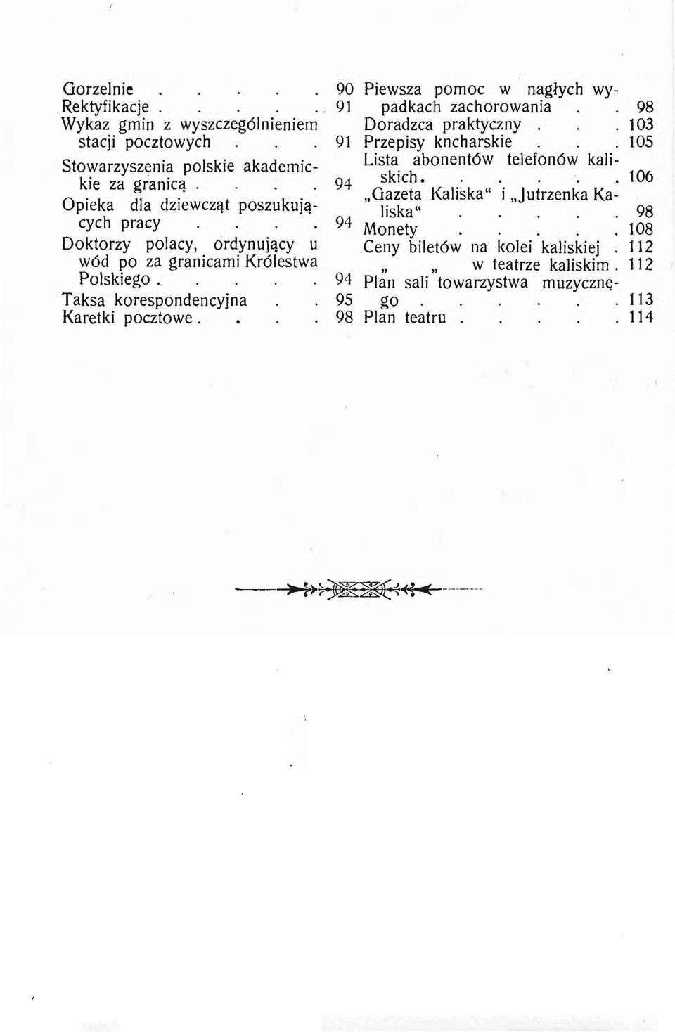 90 Piewsza pomoc w nagłych wy- 91 padkach zachorowania Doradzca praktyczny 91 Przepisy kncharskie Lista abonentów telefonów kali- 94 skich.