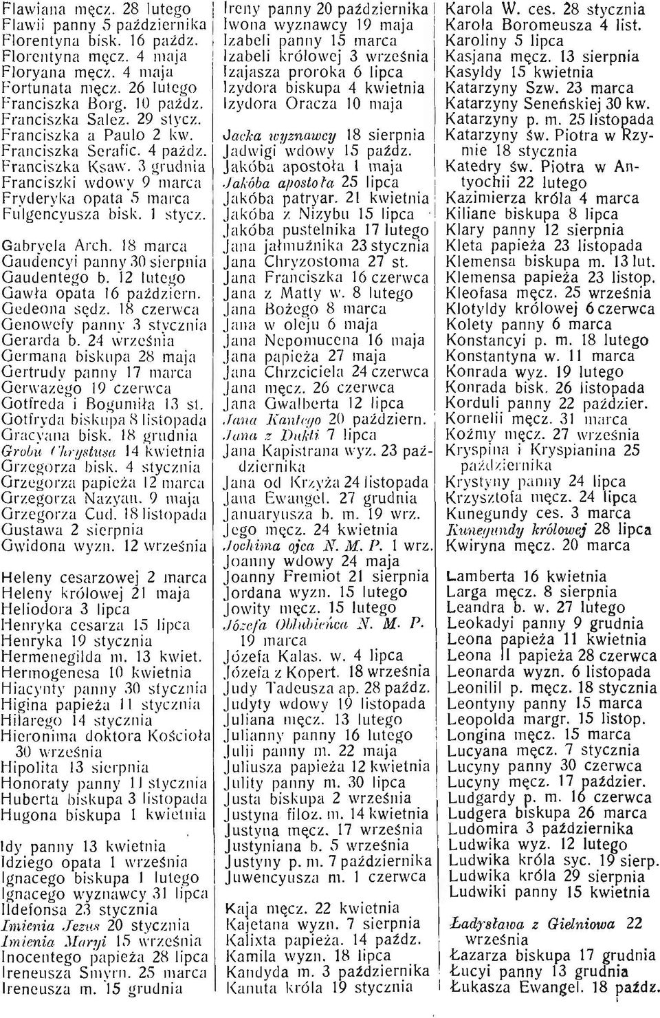 Gabrye la Arch. 18 marca Gaudencyi panny.30 sierpnia Gaudentego b. 12 lutego Gawła opata 16 październ. Gedeona sędz. 18 czerwca Genowefy panny 3 styczn ia Gerarda b.