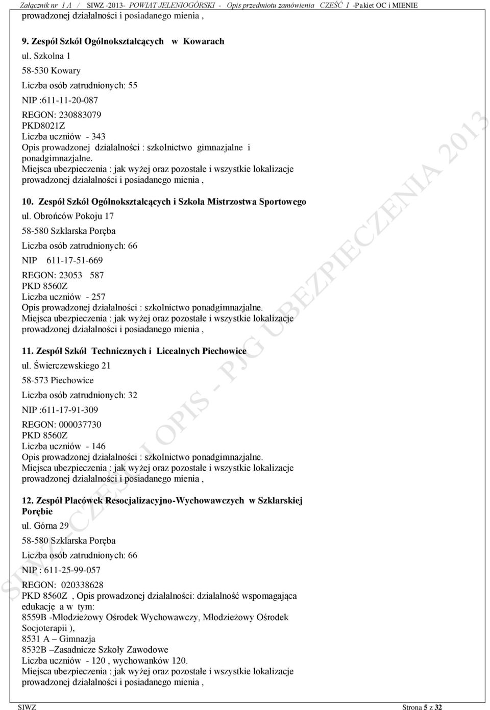 prowadzonej działalności i posiadanego mienia, 10. Zespół Szkół Ogólnokształcących i Szkoła Mistrzostwa Sportowego ul.