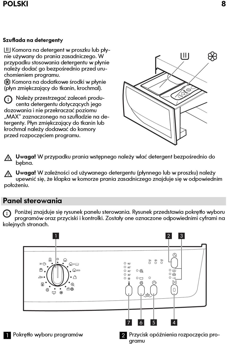 Należy przestrzegać zaleceń producenta detergentu dotyczących jego dozowania i nie przekraczać poziomu MAX zaznaczonego na szufladzie na detergenty.