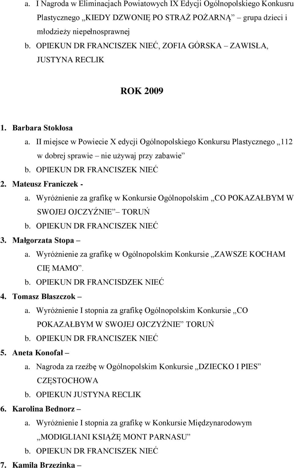 Wyróżnienie za grafikę w Konkursie Ogólnopolskim CO POKAZAŁBYM W SWOJEJ OJCZYŹNIE TORUŃ 3. Małgorzata Stopa a. Wyróżnienie za grafikę w Ogólnopolskim Konkursie ZAWSZE KOCHAM CIĘ MAMO. b.