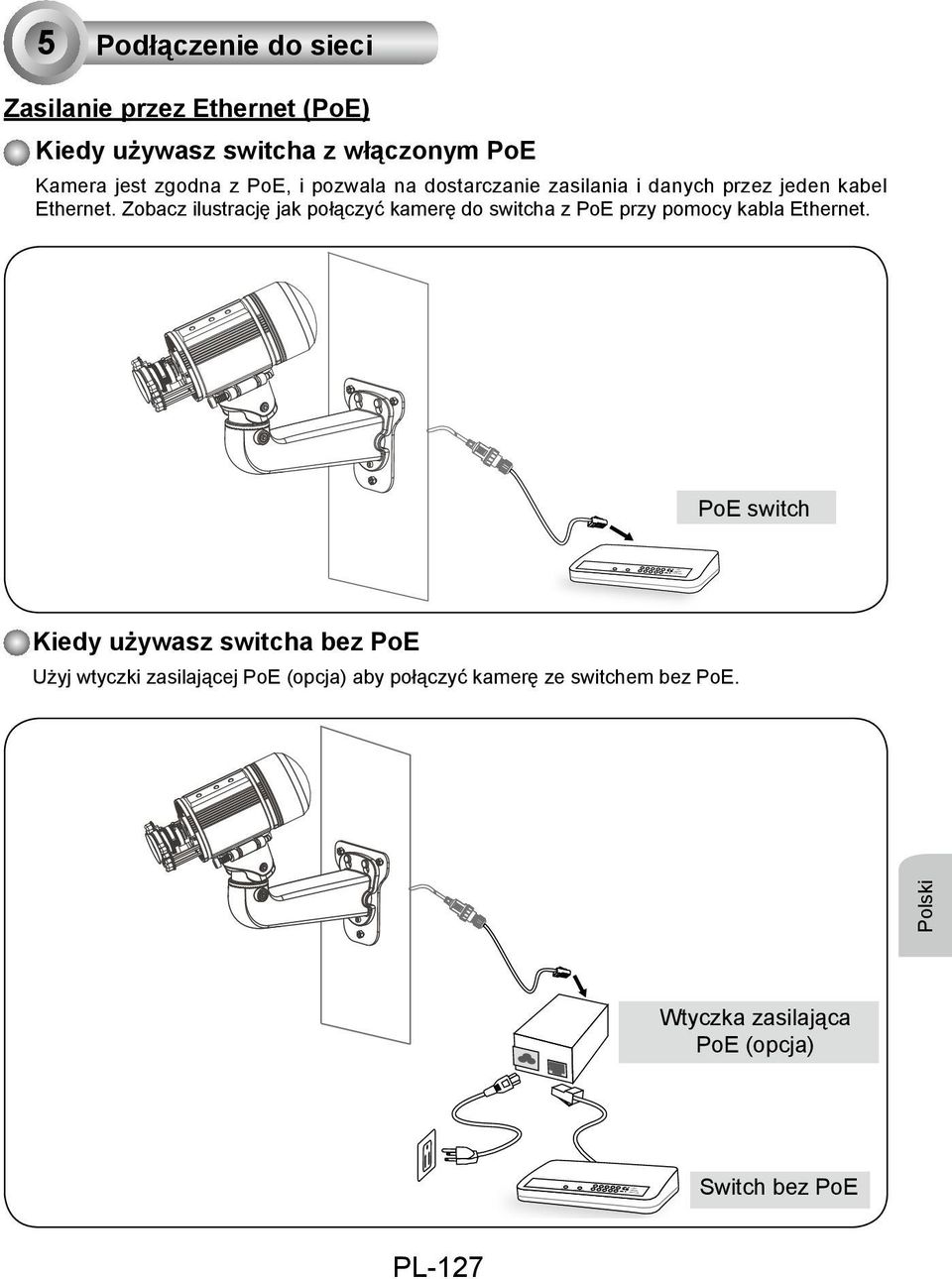 kabel Ethernet. Zobacz ilustrację jak połączyć kamerę do switcha z PoE przy pomocy kabla Ethernet.