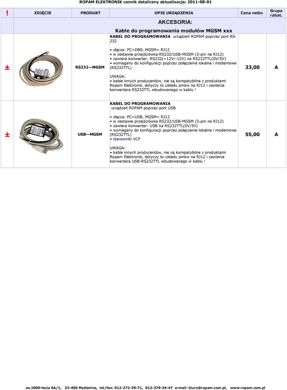 produktami Ropam Elektronik, dotyczy to układu pinów na RJ12 i zasilania konwertera RS232TTL wbudowanego w kablu KAEL DO PROGRAMOWANIA urządzeń ROPAM poprzez port US US MGSM złącza: PC=US, MGSM= RJ12