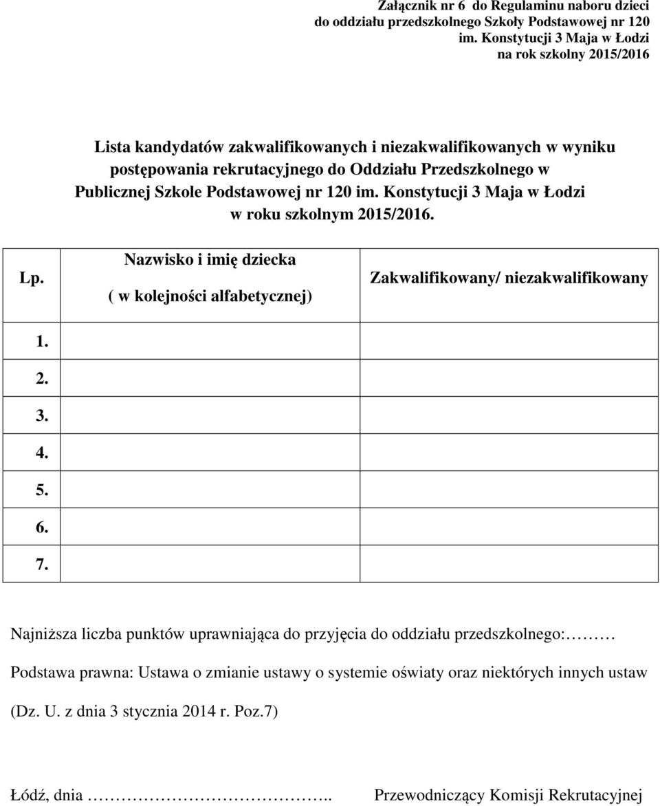 Nazwisko i imię dziecka ( w kolejności alfabetycznej) Zakwalifikowany/ niezakwalifikowany 1. 2. 3. 4. 5. 6. 7.