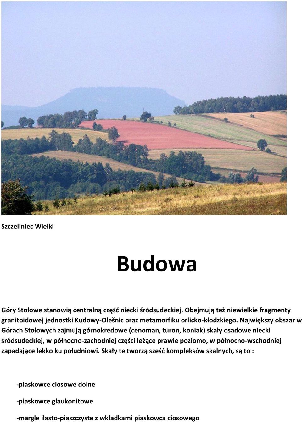 Największy obszar w Górach Stołowych zajmują górnokredowe (cenoman, turon, koniak) skały osadowe niecki śródsudeckiej, w północno-zachodniej