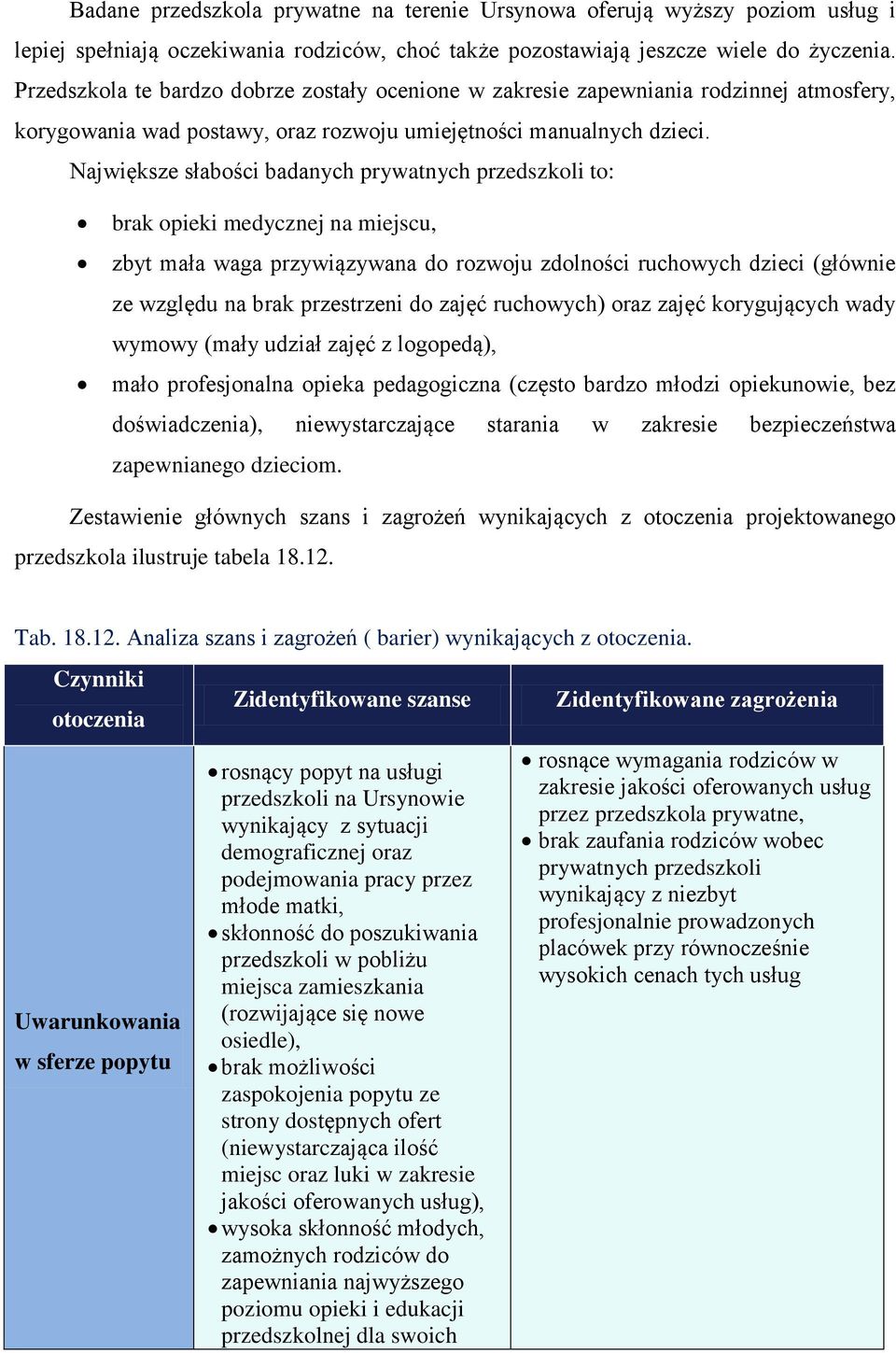 Największe słabości badanych prywatnych przedszkoli to: brak opieki medycznej na miejscu, zbyt mała waga przywiązywana do rozwoju zdolności ruchowych dzieci (głównie ze względu na brak przestrzeni do