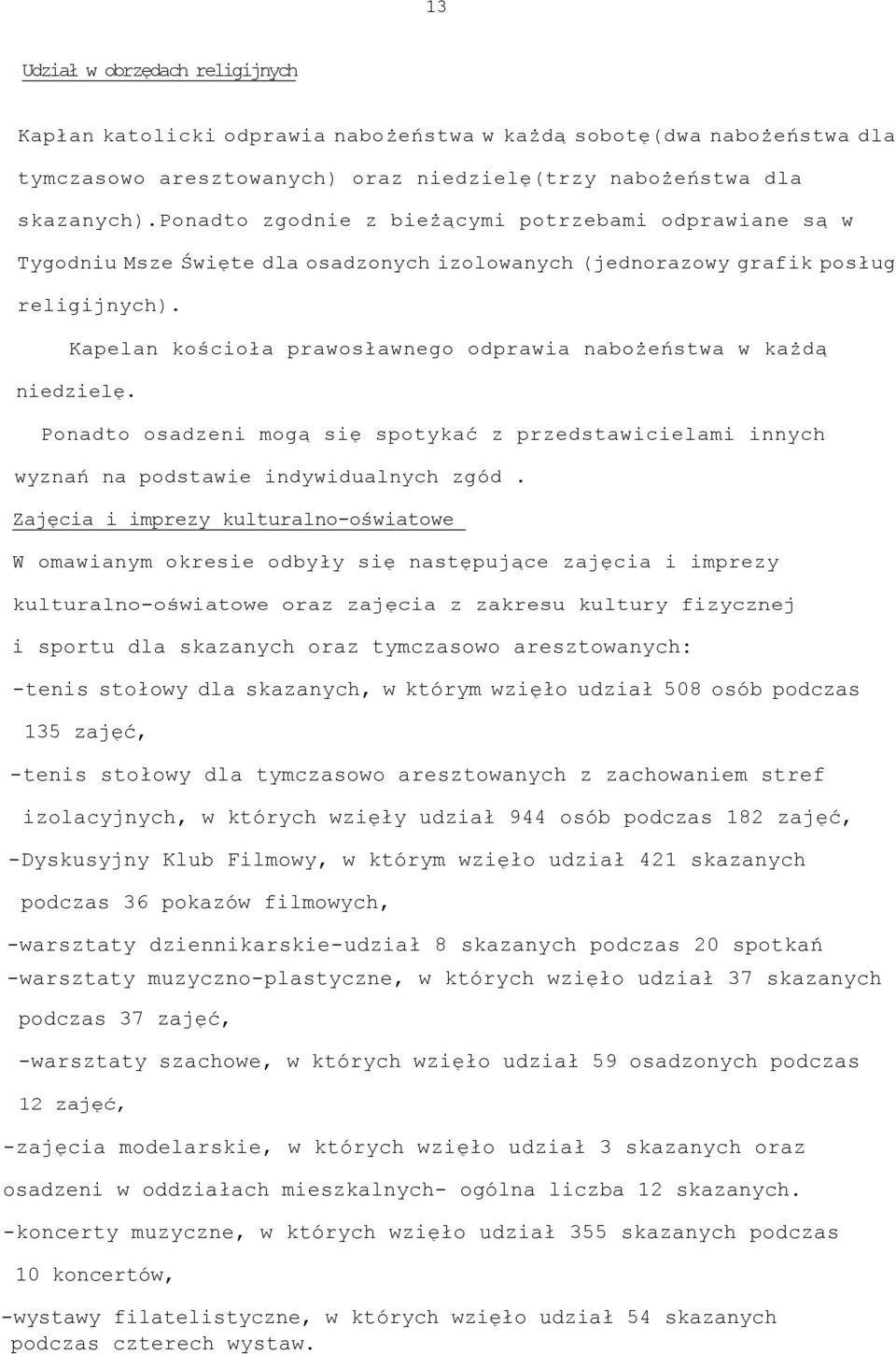 Kapelan kościoła prawosławnego odprawia nabożeństwa w każdą niedzielę. Ponadto osadzeni mogą się spotykać z przedstawicielami innych wyznań na podstawie indywidualnych zgód.