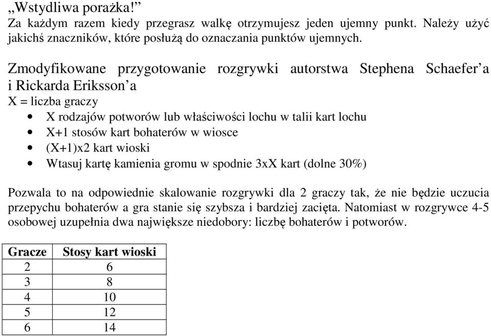 bohaterów w wiosce (X+1)x2 kart wioski Wtasuj kartę kamienia gromu w spodnie 3xX kart (dolne 30%) Pozwala to na odpowiednie skalowanie rozgrywki dla 2 graczy tak, że nie będzie uczucia