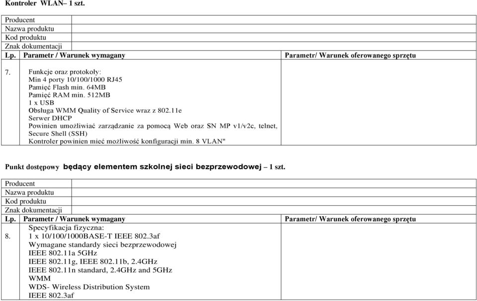 11e Serwer DHCP Powinien umożliwiać zarządzanie za pomocą Web oraz SN MP v1/v2c, telnet, Secure Shell (SSH) Kontroler powinien mieć możliwość konfiguracji min.