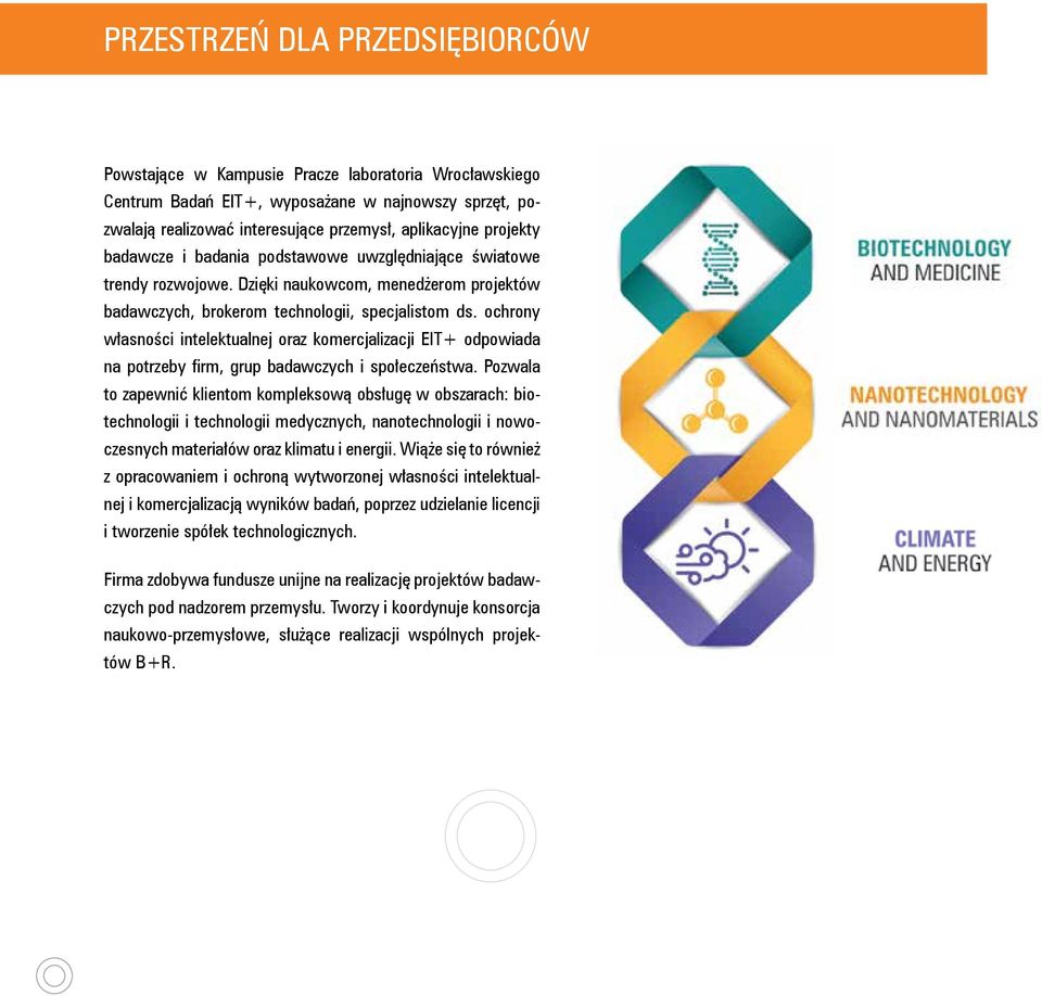 ochrony własności intelektualnej oraz komercjalizacji EIT+ odpowiada na potrzeby firm, grup badawczych i społeczeństwa.