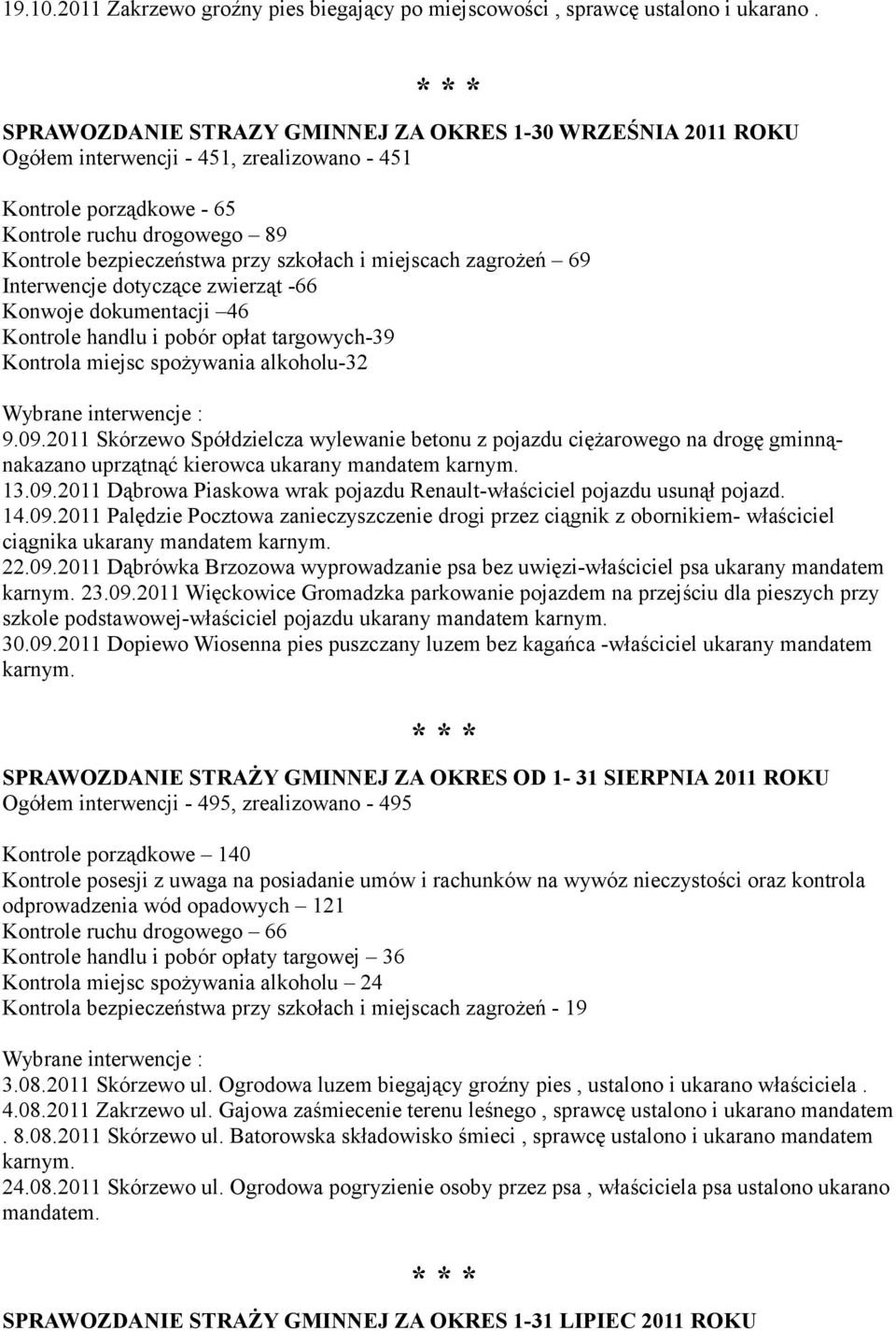 miejscach zagrożeń 69 Interwencje dotyczące zwierząt -66 Konwoje dokumentacji 46 Kontrole handlu i pobór opłat targowych-39 Kontrola miejsc spożywania alkoholu-32 9.09.