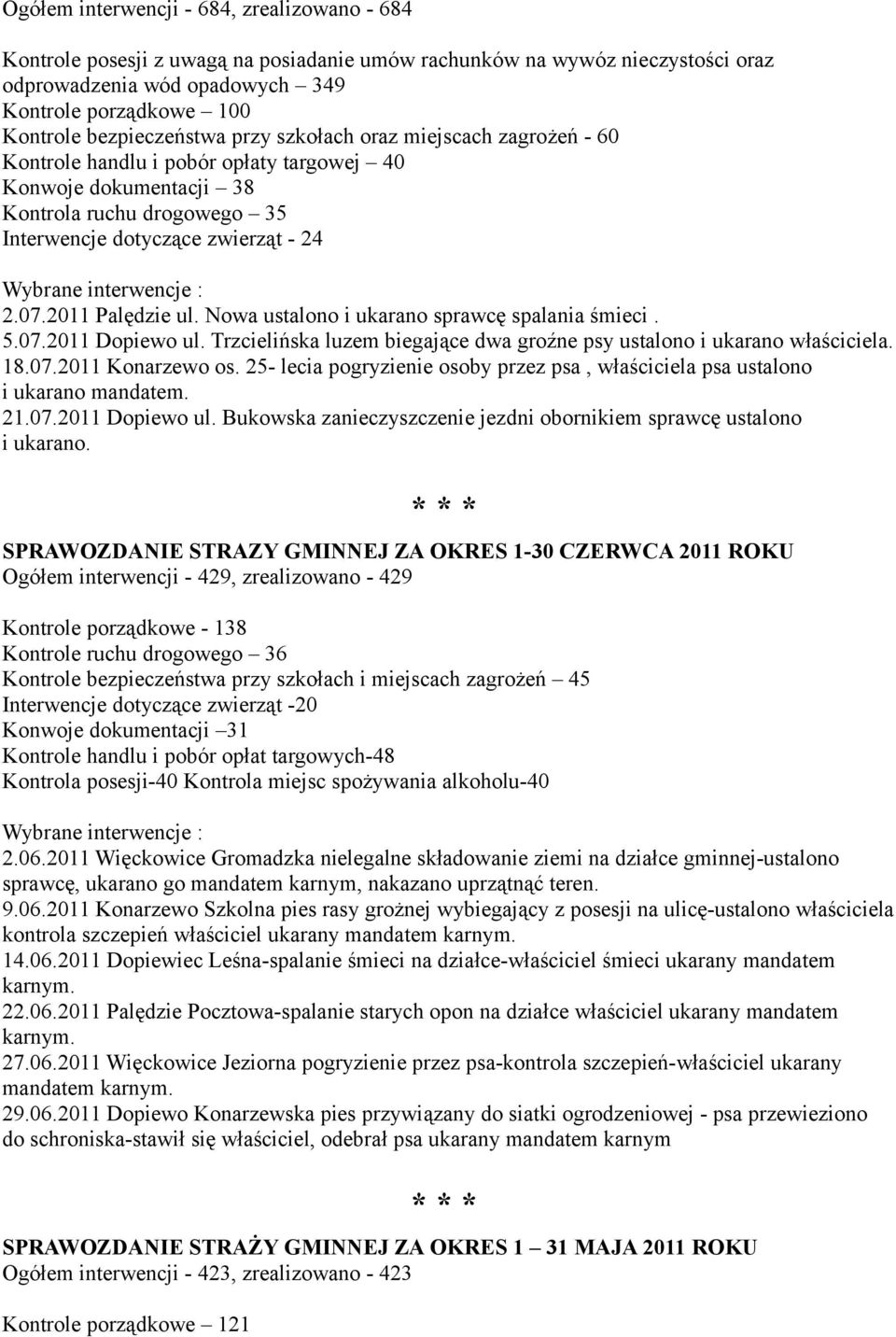 2011 Palędzie ul. Nowa ustalono i ukarano sprawcę spalania śmieci. 5.07.2011 Dopiewo ul. Trzcielińska luzem biegające dwa groźne psy ustalono i ukarano właściciela. 18.07.2011 Konarzewo os.