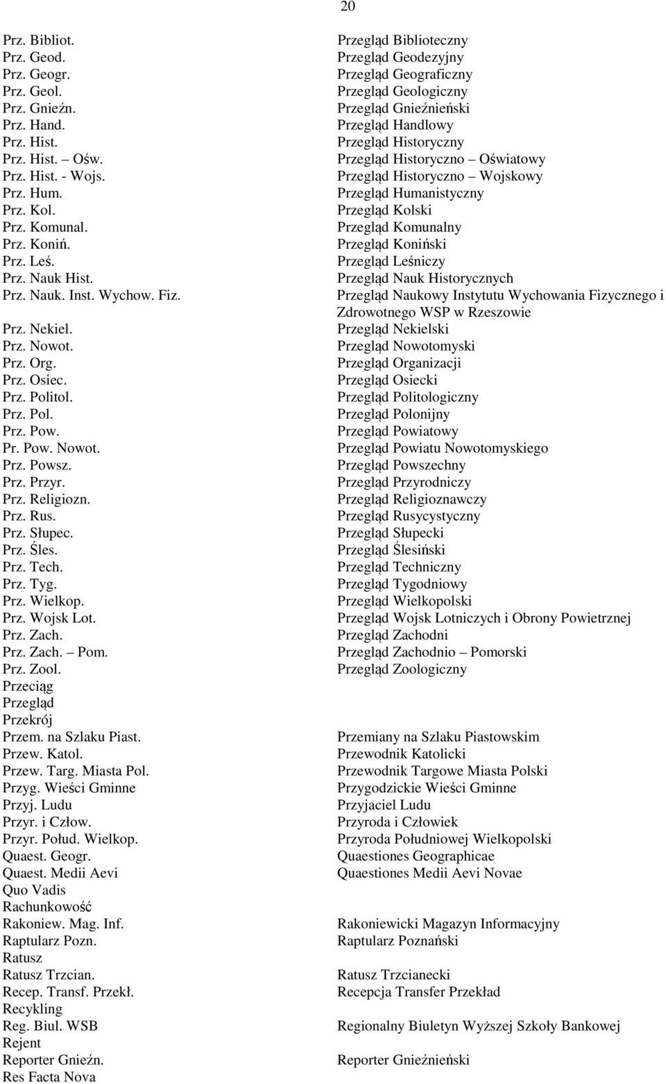 Prz. Wielkop. Prz. Wojsk Lot. Prz. Zach. Prz. Zach. Pom. Prz. Zool. Przeciąg Przegląd Przekrój Przem. na Szlaku Piast. Przew. Katol. Przew. Targ. Miasta Pol. Przyg. Wieści Gminne Przyj. Ludu Przyr.