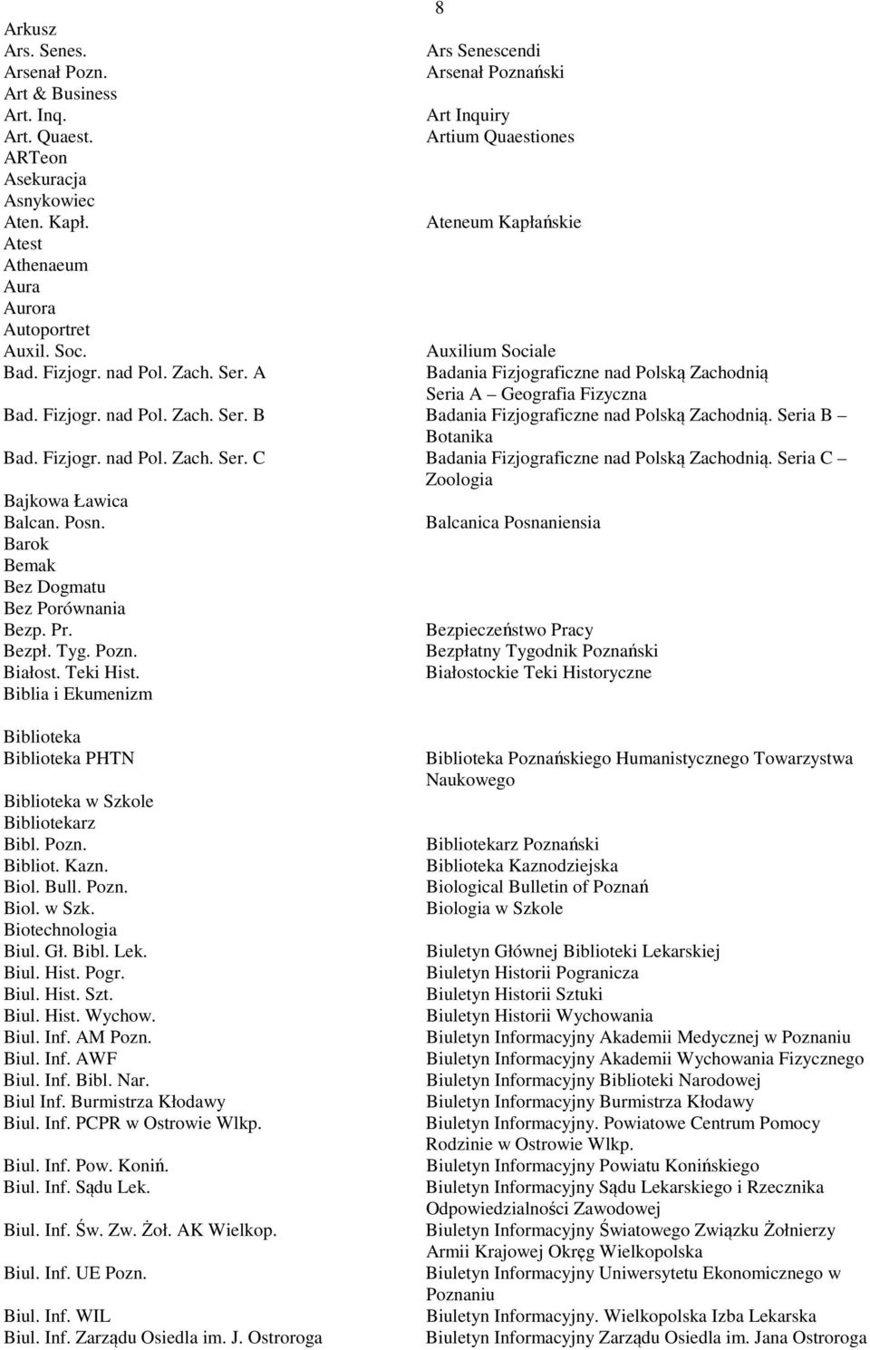 Seria B Botanika Bad. Fizjogr. nad Pol. Zach. Ser. C Badania Fizjograficzne nad Polską Zachodnią. Seria C Zoologia Bajkowa Ławica Balcan. Posn. Barok Bemak Bez Dogmatu Bez Porównania Bezp. Pr. Bezpł.