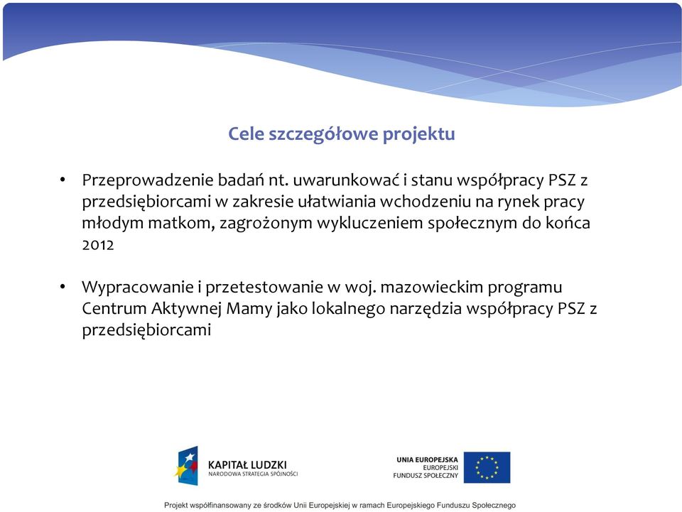 na rynek pracy młodym matkom, zagrożonym wykluczeniem społecznym do końca 2012