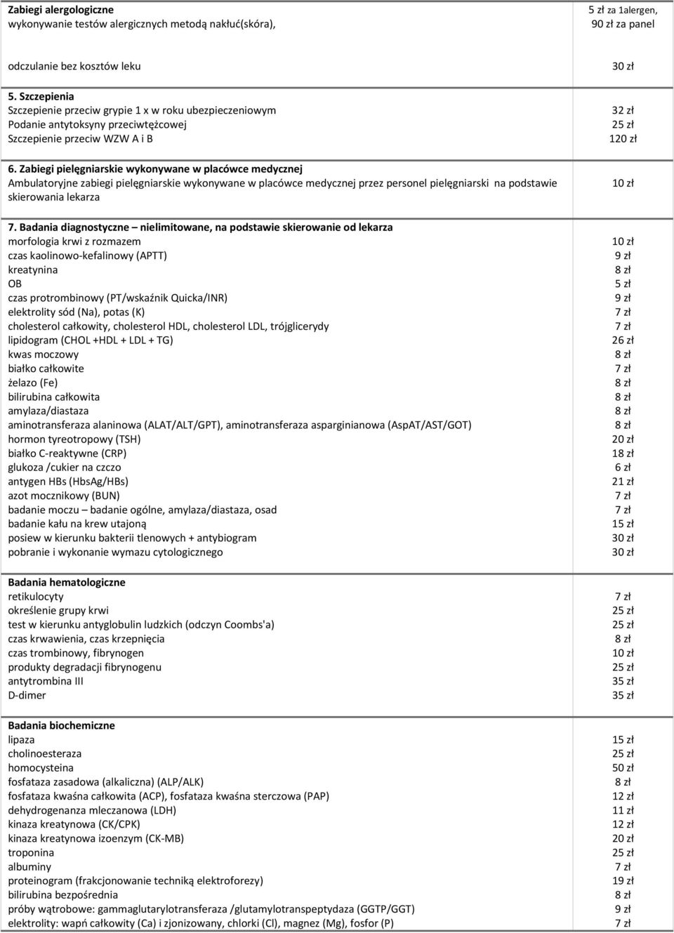 Zabiegi pielęgniarskie wykonywane w placówce medycznej Ambulatoryjne zabiegi pielęgniarskie wykonywane w placówce medycznej przez personel pielęgniarski na podstawie skierowania lekarza 7.