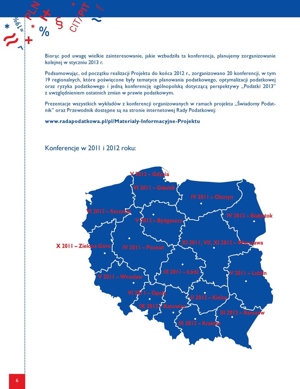 , zorganizowano 20 konferencji, w tym 19 regionalnych, które poświęcone były tematyce planowania podatkowego, optymalizacji podatkowej oraz ryzyka podatkowego i jedną konferencję