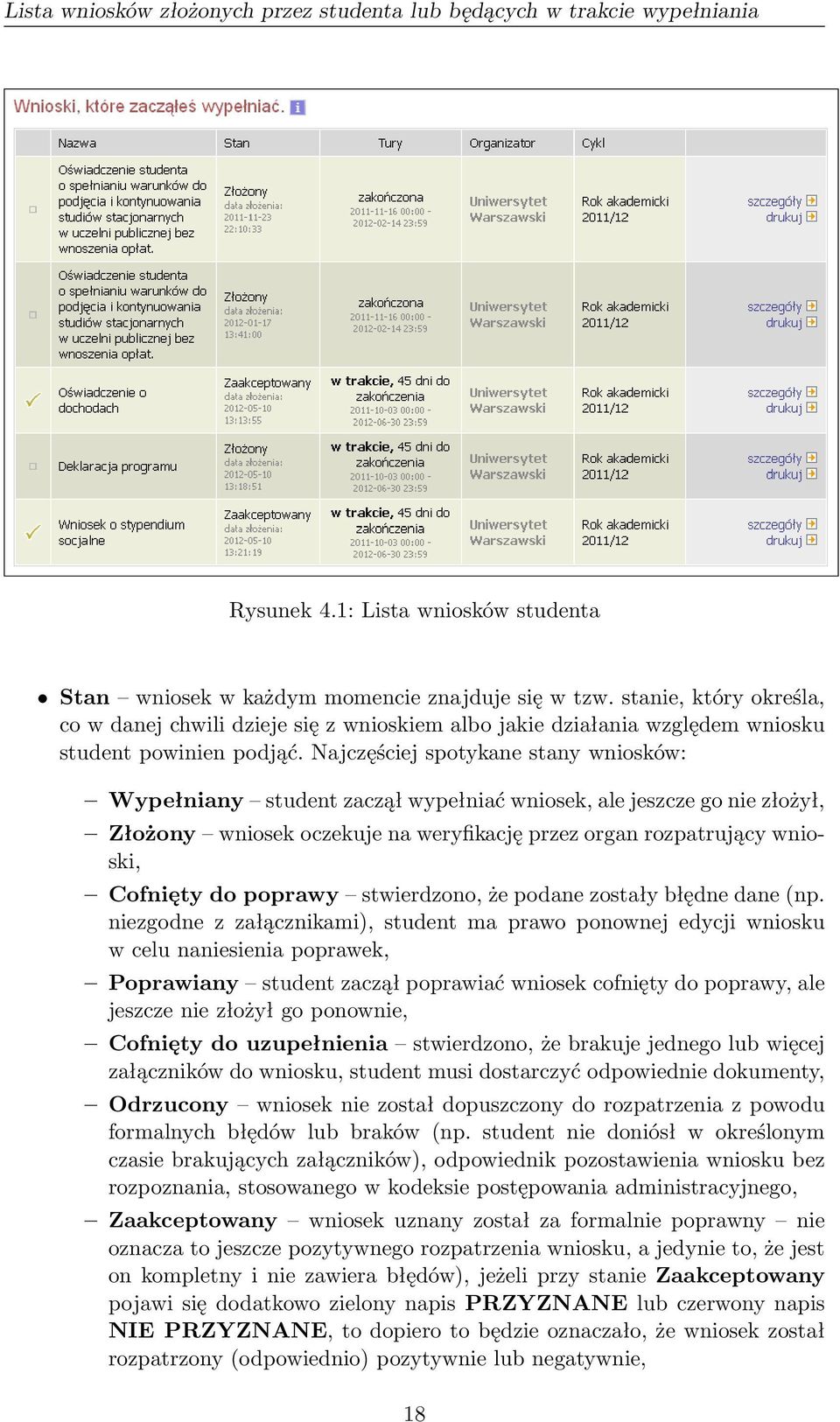 Najczęściej spotykane stany wniosków: Wypełniany student zaczął wypełniać wniosek, ale jeszcze go nie złożył, Złożony wniosek oczekuje na weryfikację przez organ rozpatrujący wnioski, Cofnięty do