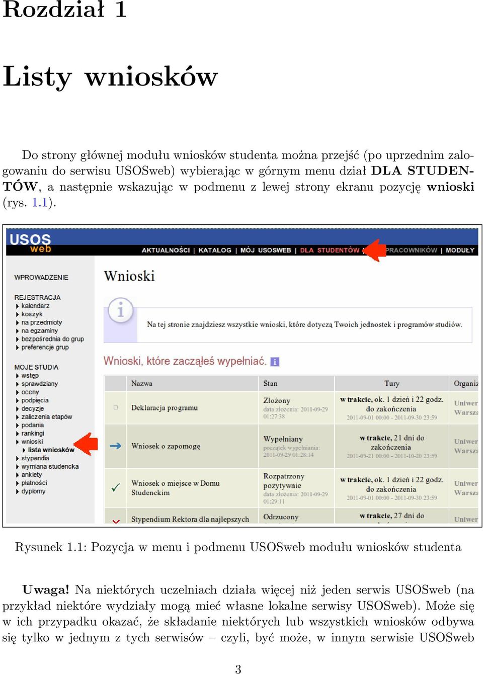 1: Pozycja w menu i podmenu USOSweb modułu wniosków studenta Uwaga!