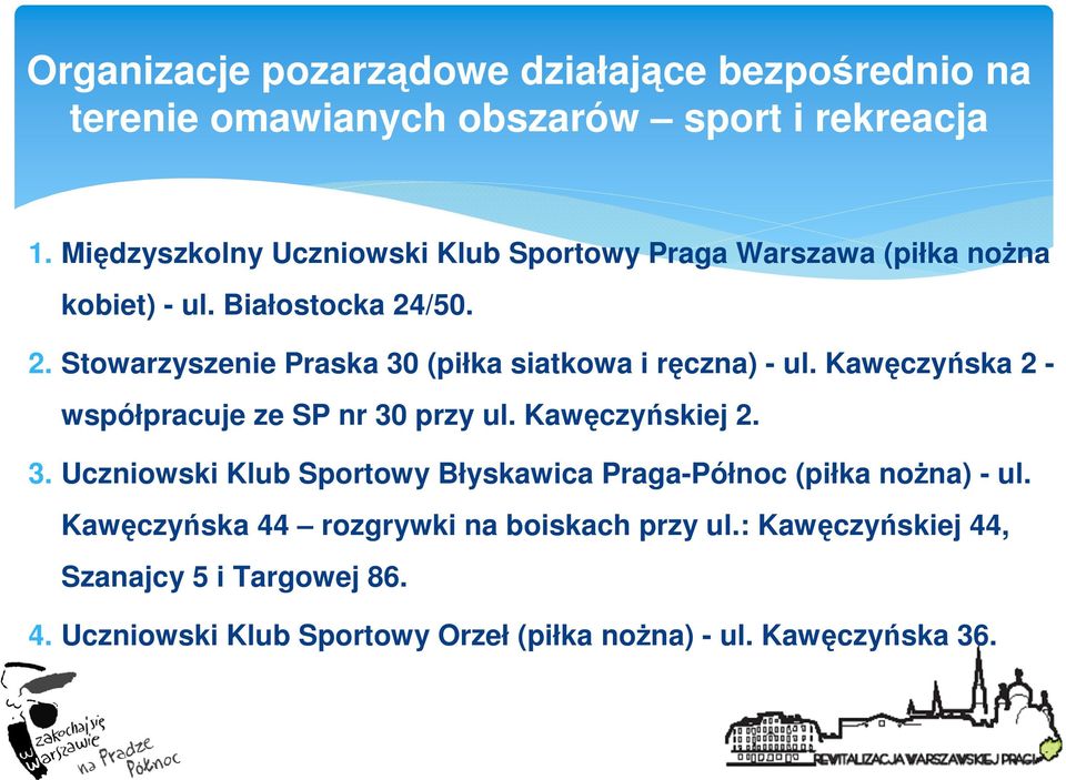 /50. 2. Stowarzyszenie Praska 30 (piłka siatkowa i ręczna) - ul. Kawęczyńska 2 - współpracuje ze SP nr 30 przy ul. Kawęczyńskiej 2. 3. Uczniowski Klub Sportowy Błyskawica Praga-Północ (piłka noŝna) - ul.