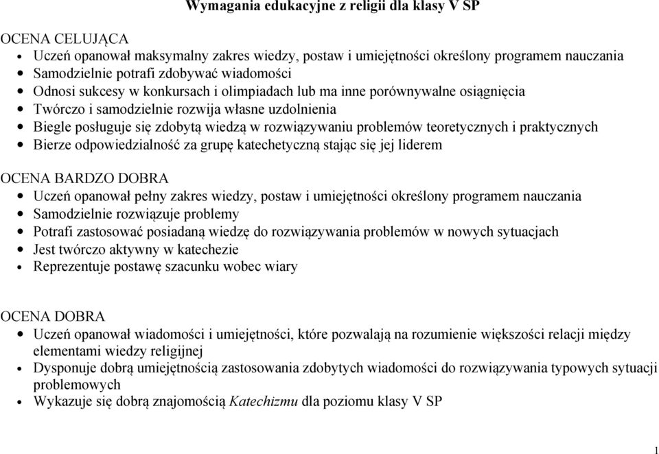 praktycznych Bierze odpowiedzialność za grupę katechetyczną stając się jej liderem OCENA BARDZO DOBRA Uczeń opanował pełny zakres wiedzy, postaw i umiejętności określony programem nauczania