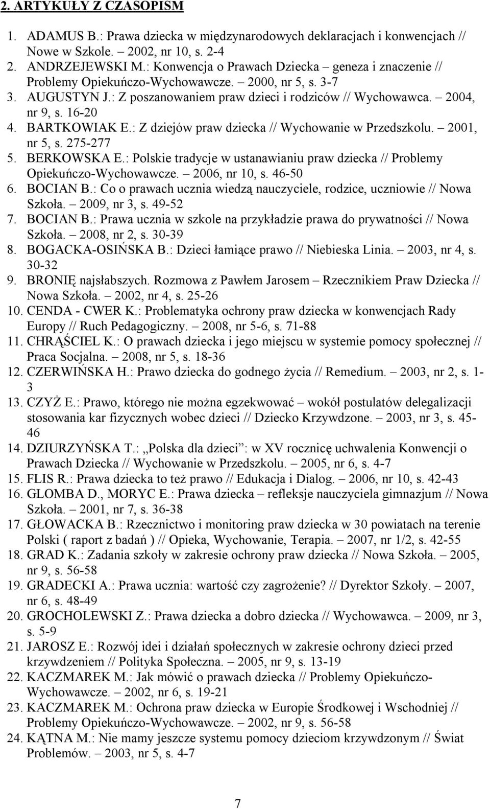 BARTKOWIAK E.: Z dziejów praw dziecka // Wychowanie w Przedszkolu. 2001, nr 5, s. 275-277 5. BERKOWSKA E.: Polskie tradycje w ustanawianiu praw dziecka // Problemy Opiekuńczo-Wychowawcze.