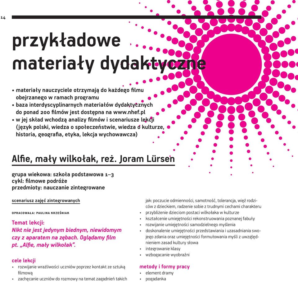 pl w jej skład wchodzą analizy filmów i scenariusze lekcji (język polski, wiedza o społeczeństwie, wiedza o kulturze, historia, geografia, etyka, lekcja wychowawcza) Alfie, mały wilkołak, reż.