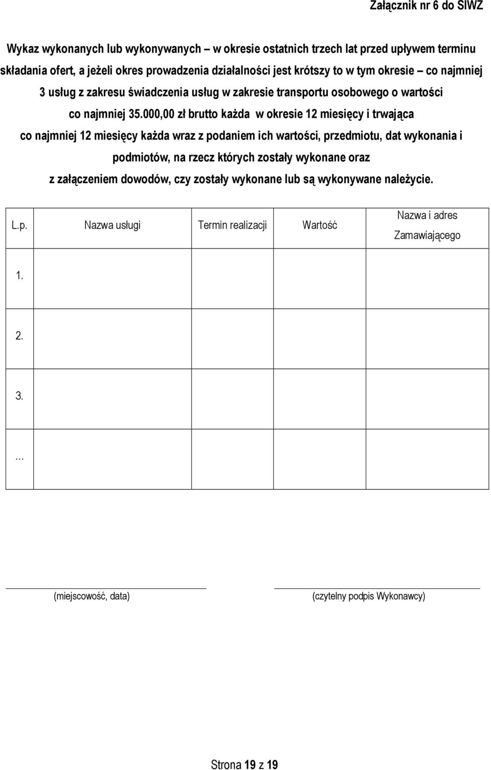 000,00 zł brutto każda w okresie 12 miesięcy i trwająca co najmniej 12 miesięcy każda wraz z podaniem ich wartości, przedmiotu, dat wykonania i podmiotów, na rzecz których