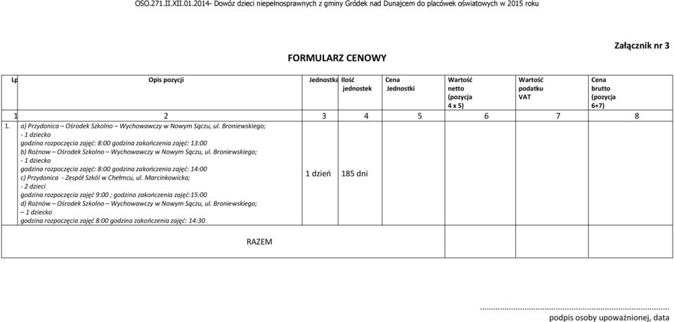 rozpoczęcia zajęć: 8:00 godzina zakończenia zajęć: 14:00 1 dzień 185 dni c) Przydonica - Zespół Szkól w Chełmcu, ul.