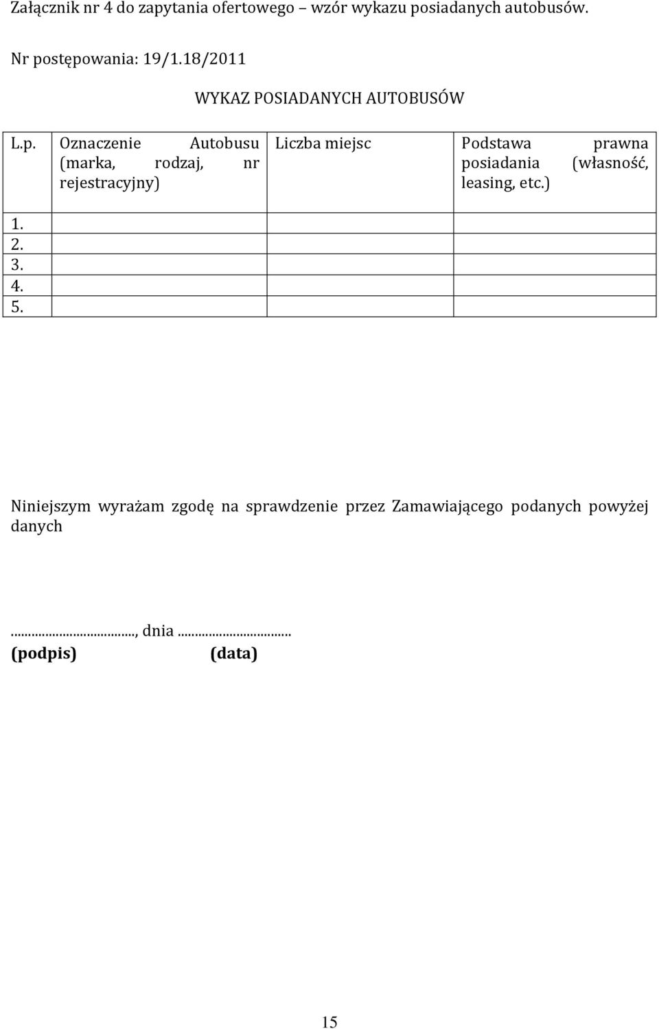 Oznaczenie Autobusu (marka, rodzaj, nr rejestracyjny) Liczba miejsc Podstawa prawna posiadania