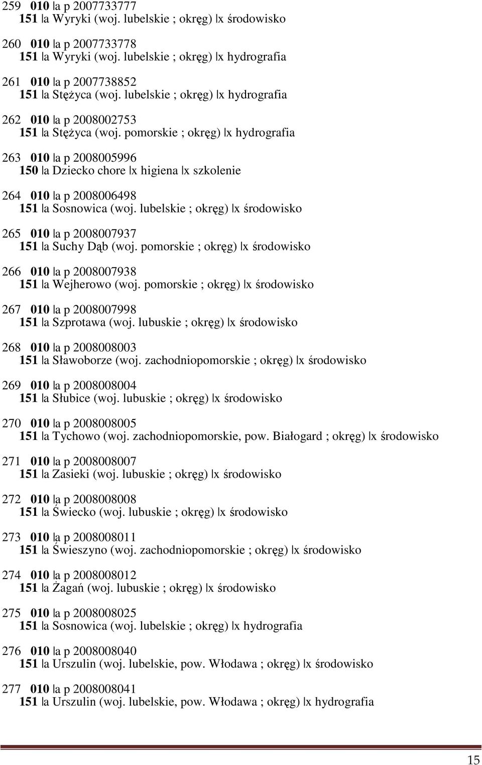 pomorskie ; okręg) x hydrografia 263 010 a p 2008005996 150 a Dziecko chore x higiena x szkolenie 264 010 a p 2008006498 151 a Sosnowica (woj.