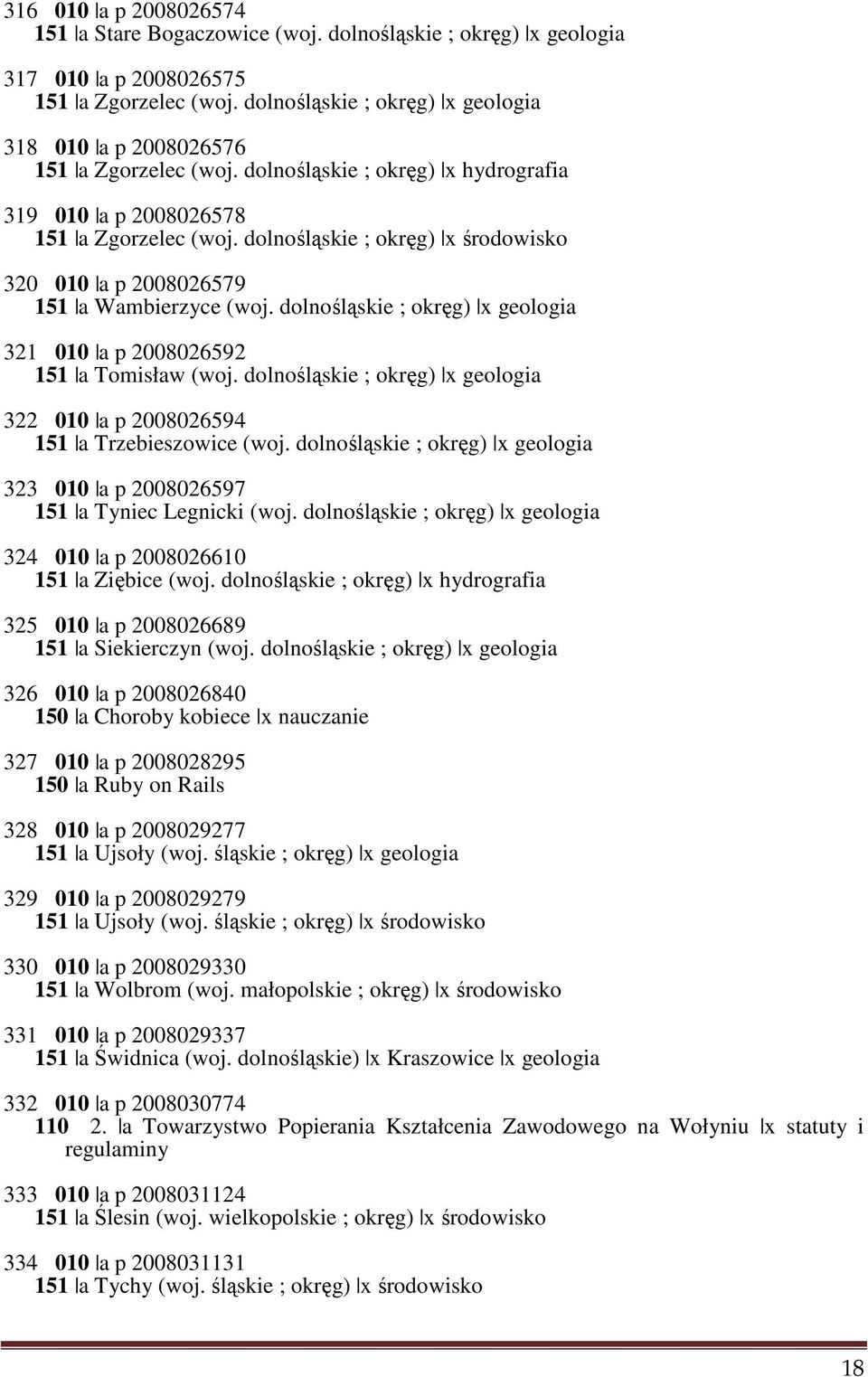 dolnośląskie ; okręg) x środowisko 320 010 a p 2008026579 151 a Wambierzyce (woj. dolnośląskie ; okręg) x geologia 321 010 a p 2008026592 151 a Tomisław (woj.