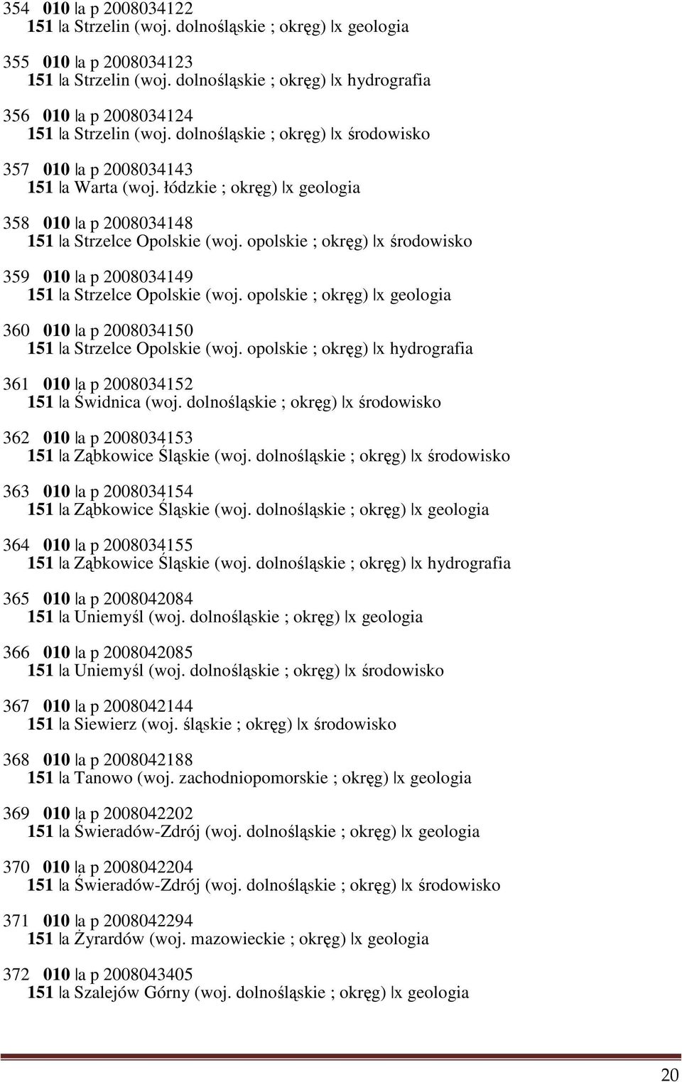 opolskie ; okręg) x środowisko 359 010 a p 2008034149 151 a Strzelce Opolskie (woj. opolskie ; okręg) x geologia 360 010 a p 2008034150 151 a Strzelce Opolskie (woj.