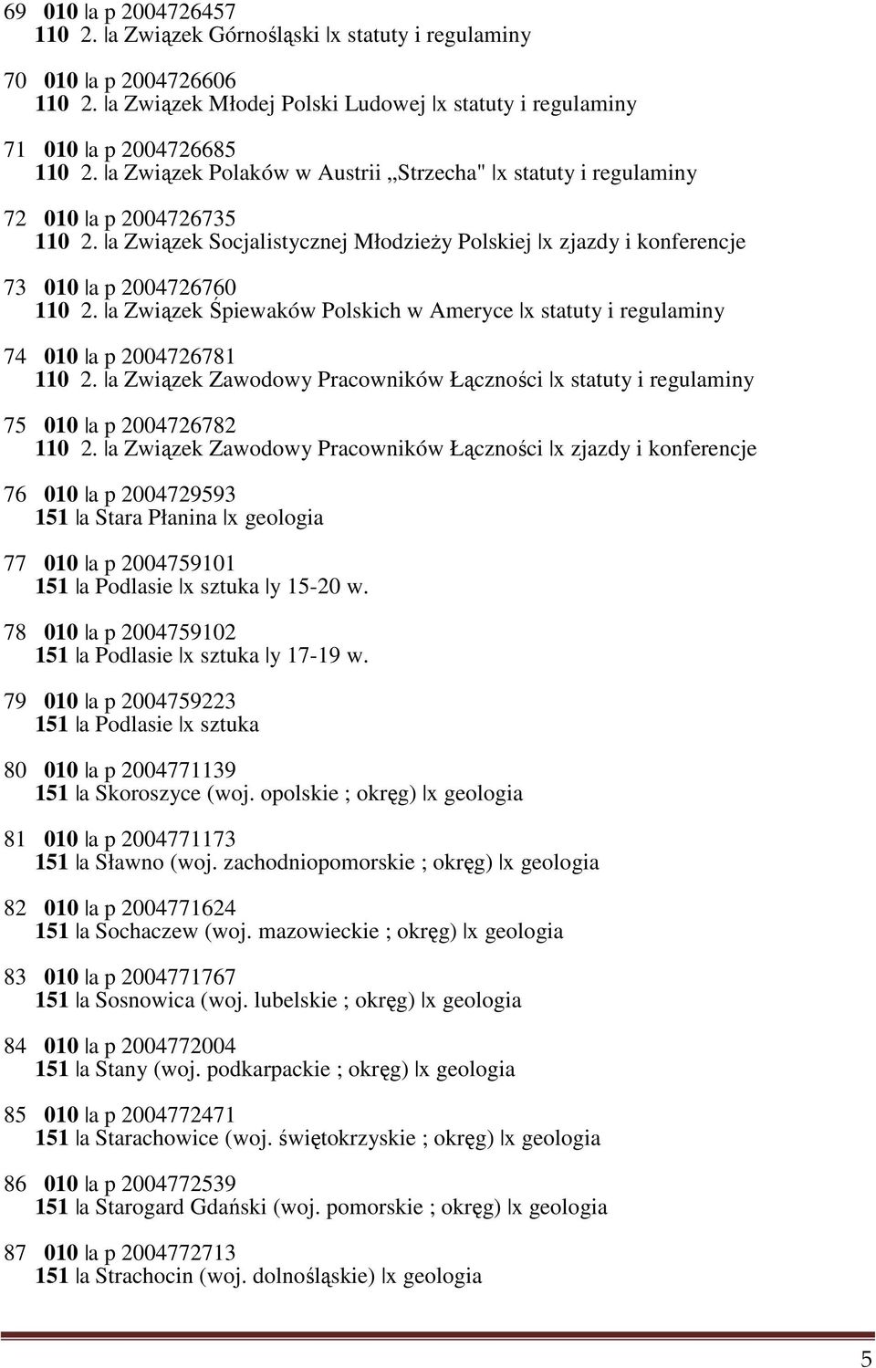 a Związek Śpiewaków Polskich w Ameryce x statuty i regulaminy 74 010 a p 2004726781 110 2. a Związek Zawodowy Pracowników Łączności x statuty i regulaminy 75 010 a p 2004726782 110 2.