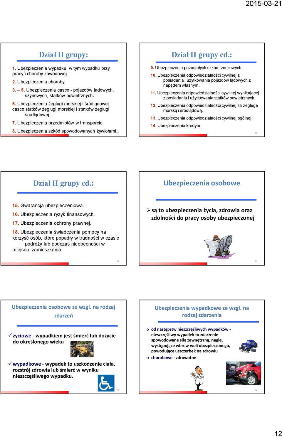 Ubezpieczenia przedmiotów w transporcie. 9. Ubezpieczenia pozostałych szkód rzeczowych. 10. Ubezpieczenia odpowiedzialności cywilnej z posiadania i użytkowania pojazdów lądowych z napędem własnym. 11.