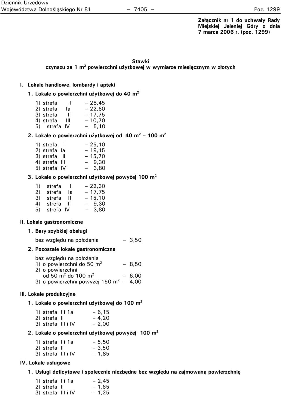 Lokale o powierzchni użytkowej do 40 m 2 1) strefa I 28,45 2) strefa Ia 22,60 3) strefa II 17,75 4) strefa III 10,70 5) strefa IV 5,10 2.