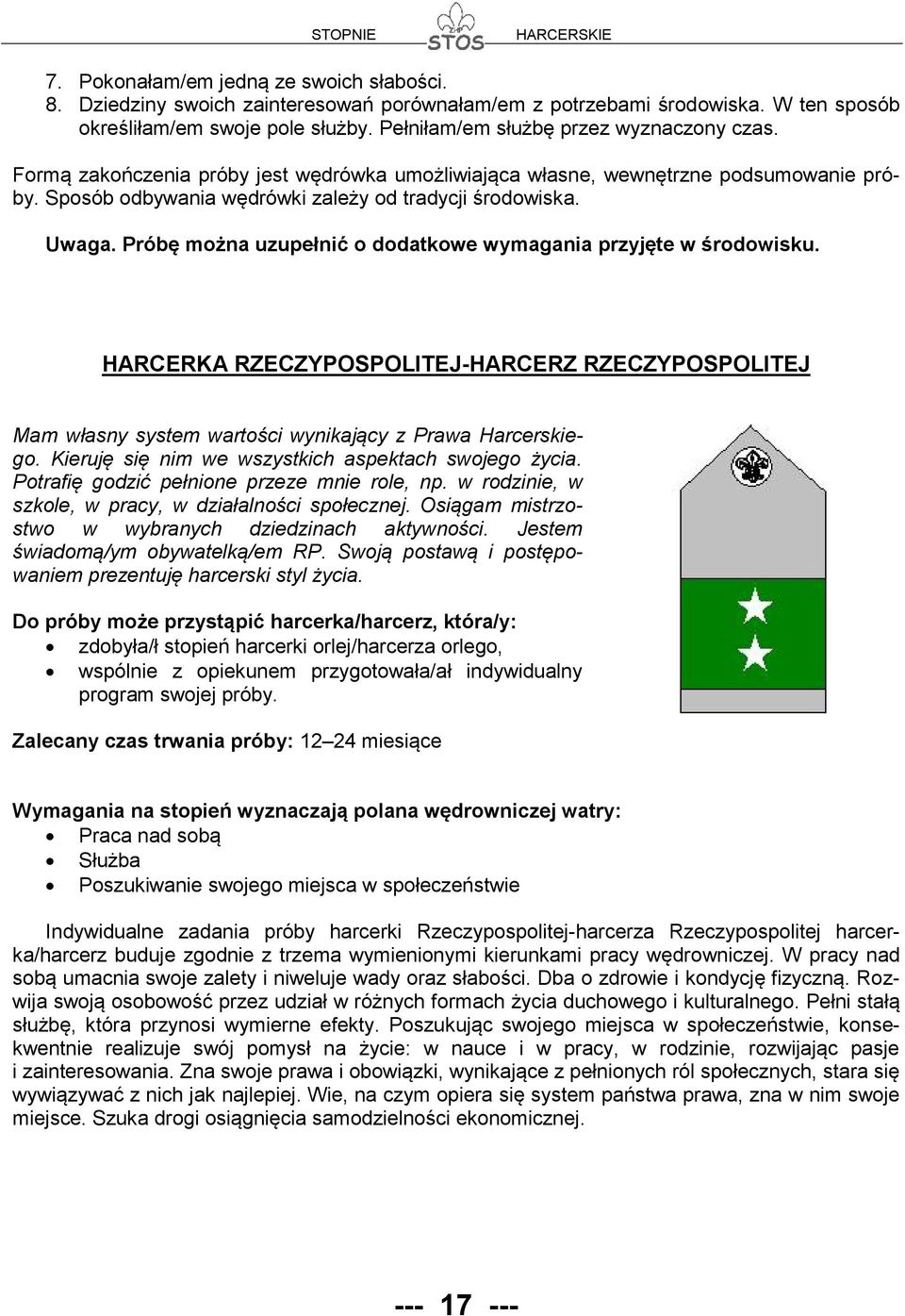 Próbę można uzupełnić o dodatkowe wymagania przyjęte w środowisku. HARCERKA RZECZYPOSPOLITEJ-HARCERZ RZECZYPOSPOLITEJ Mam własny system wartości wynikający z Prawa Harcerskiego.