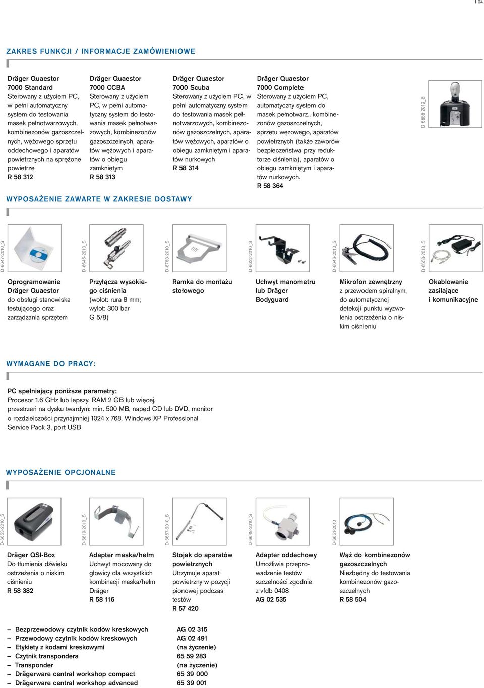 aparatów wężowych i aparatów o obiegu zamkniętym R 58 313 WYPOSAŻENIE ZAWARTE W ZAKRESIE DOSTAWY 7000 Scuba Sterowany z użyciem PC, w pełni automatyczny system do testowania masek pełnotwarzowych,