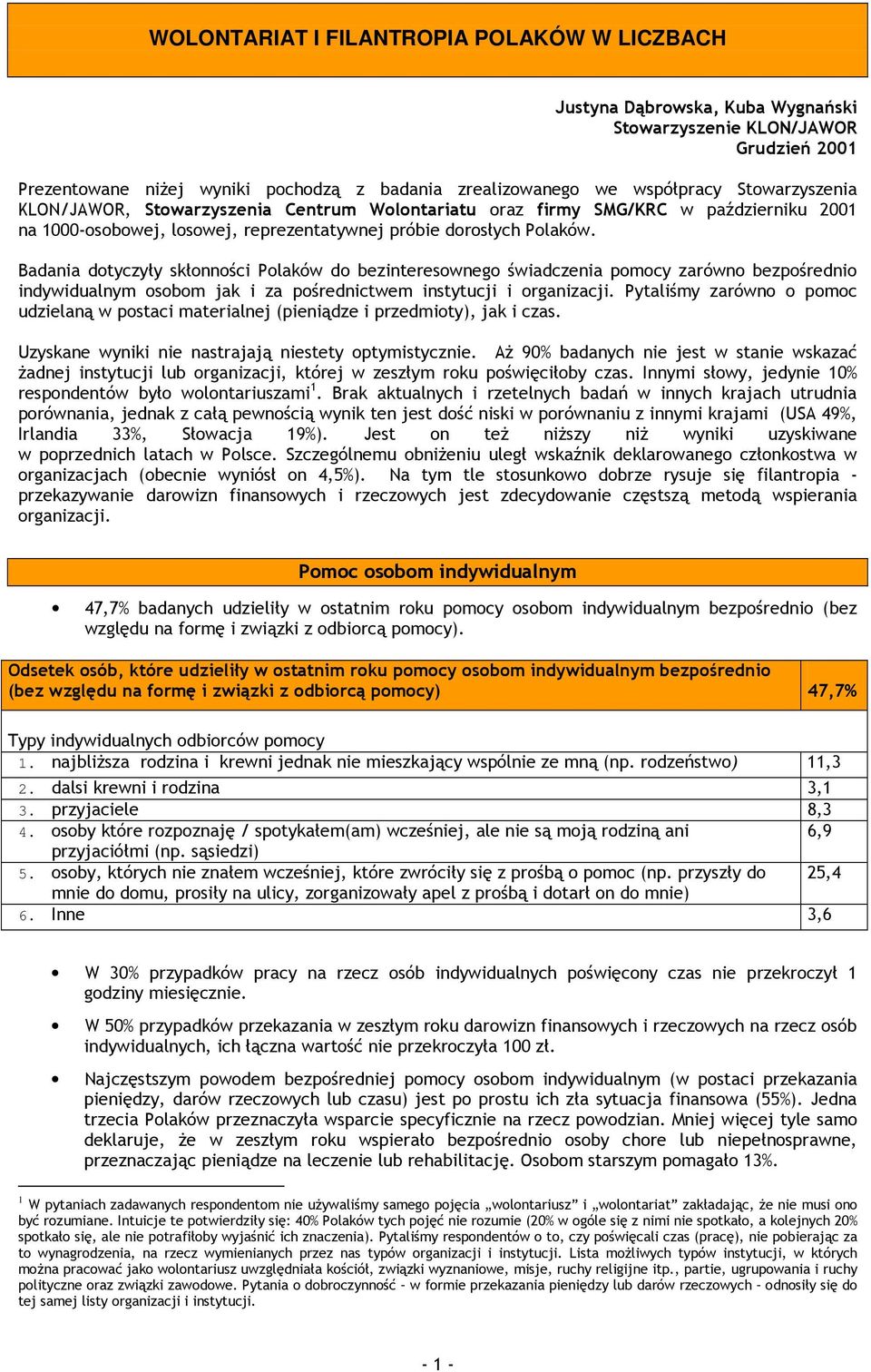 Badania dotyczyły skłonności Polaków do bezinteresownego świadczenia pomocy zarówno bezpośrednio indywidualnym osobom jak i za pośrednictwem instytucji i organizacji.