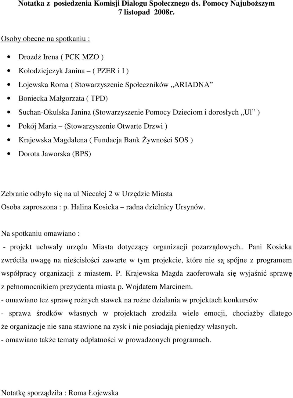 Fundacja Bank śywności SOS ) Dorota Jaworska (BPS) Zebranie odbyło się na ul Niecałej 2 w Urzędzie Miasta Osoba zaproszona : p. Halina Kosicka radna dzielnicy Ursynów.