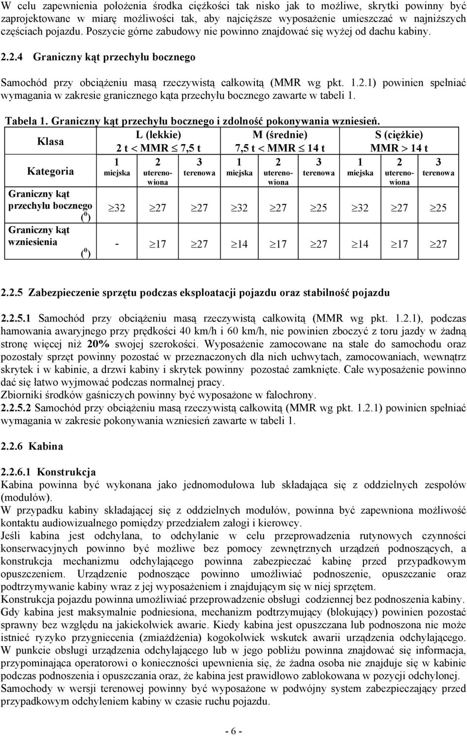 Tabela 1. Graniczny kąt przechyłu bocznego i zdolność pokonywania wzniesień.