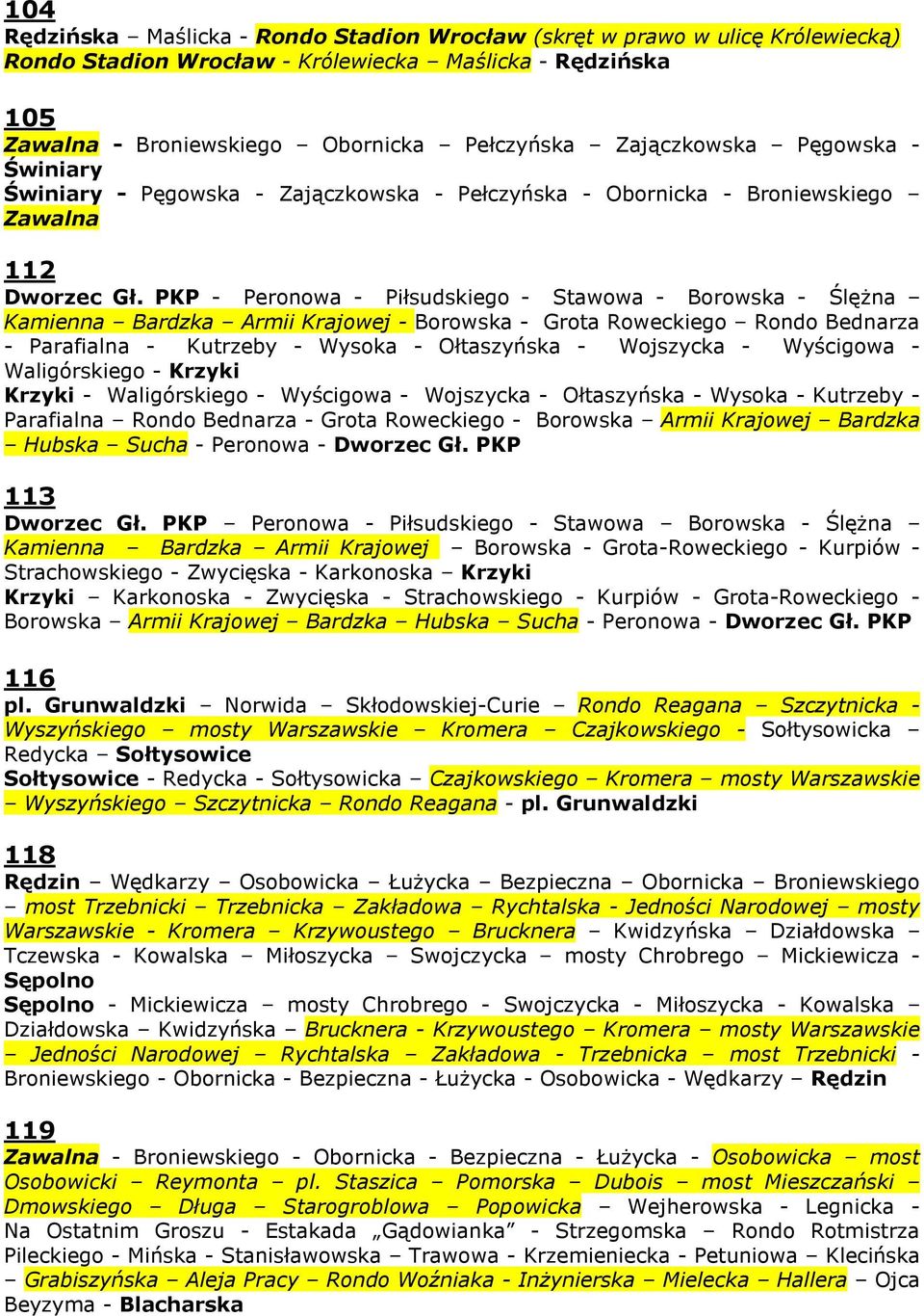 PKP - Peronowa - Piłsudskiego - Stawowa - Borowska - Ślężna Kamienna Bardzka Armii Krajowej - Borowska - Grota Roweckiego Rondo Bednarza - Parafialna - Kutrzeby - Wysoka - Ołtaszyńska - Wojszycka -