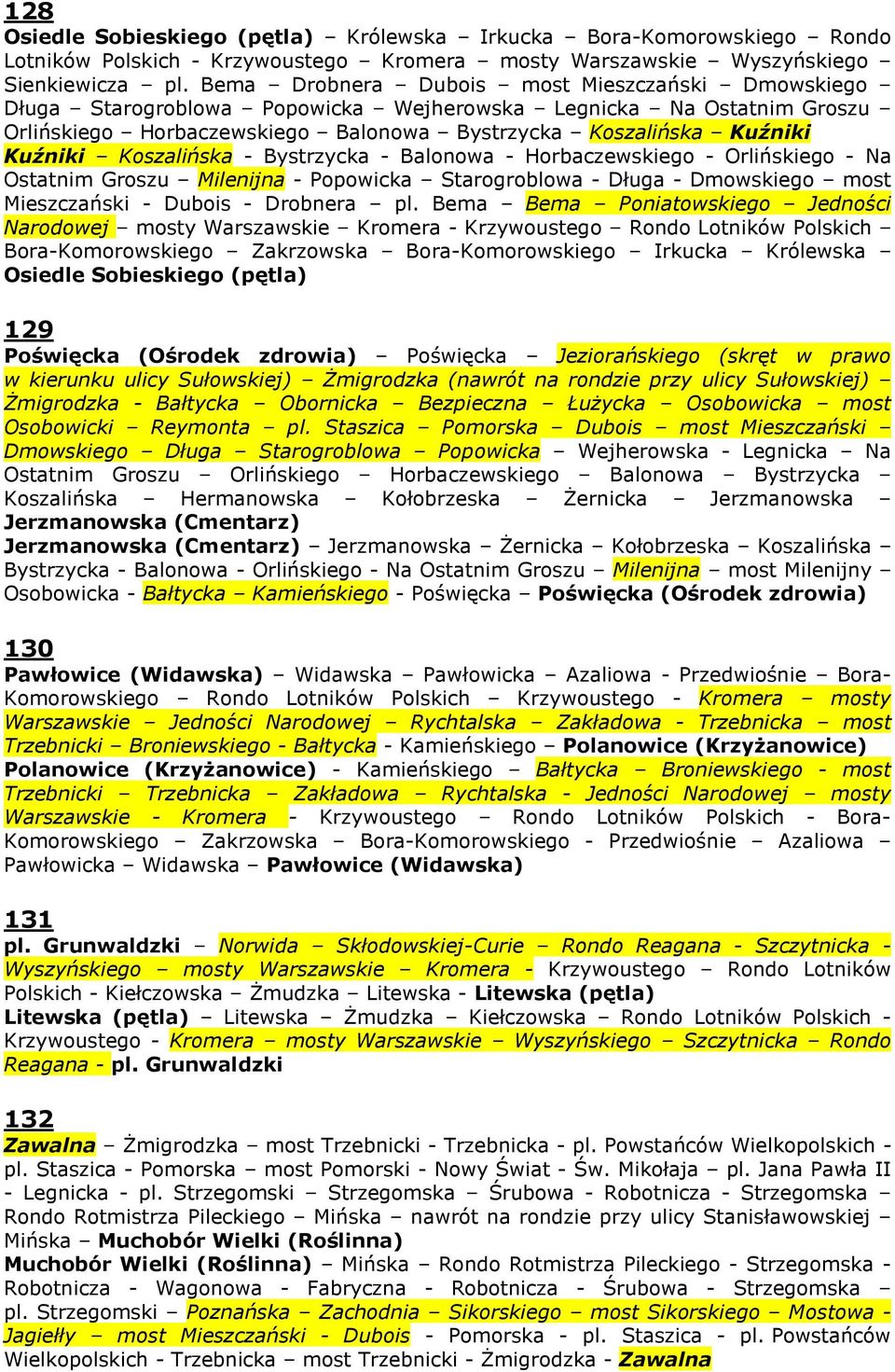 Koszalińska - Bystrzycka - Balonowa - Horbaczewskiego - Orlińskiego - Na Ostatnim Groszu Milenijna - Popowicka Starogroblowa - Długa - Dmowskiego most Mieszczański - Dubois - Drobnera pl.