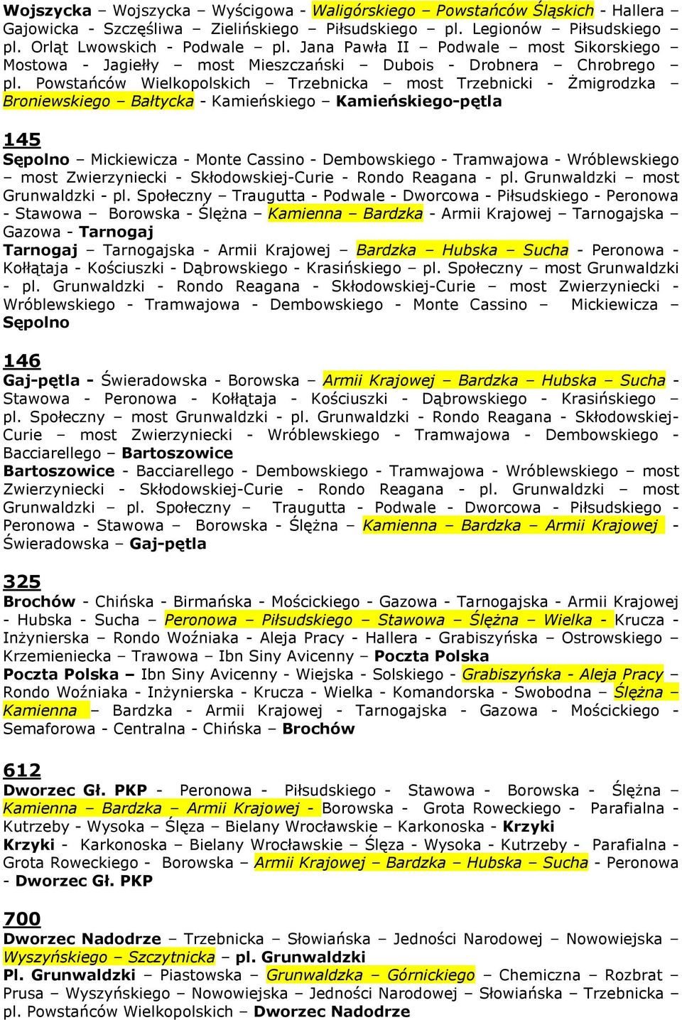 Powstańców Wielkopolskich Trzebnicka most Trzebnicki - Żmigrodzka Broniewskiego Bałtycka - Kamieńskiego Kamieńskiego-pętla 145 Sępolno Mickiewicza - Monte Cassino - Dembowskiego - Tramwajowa -