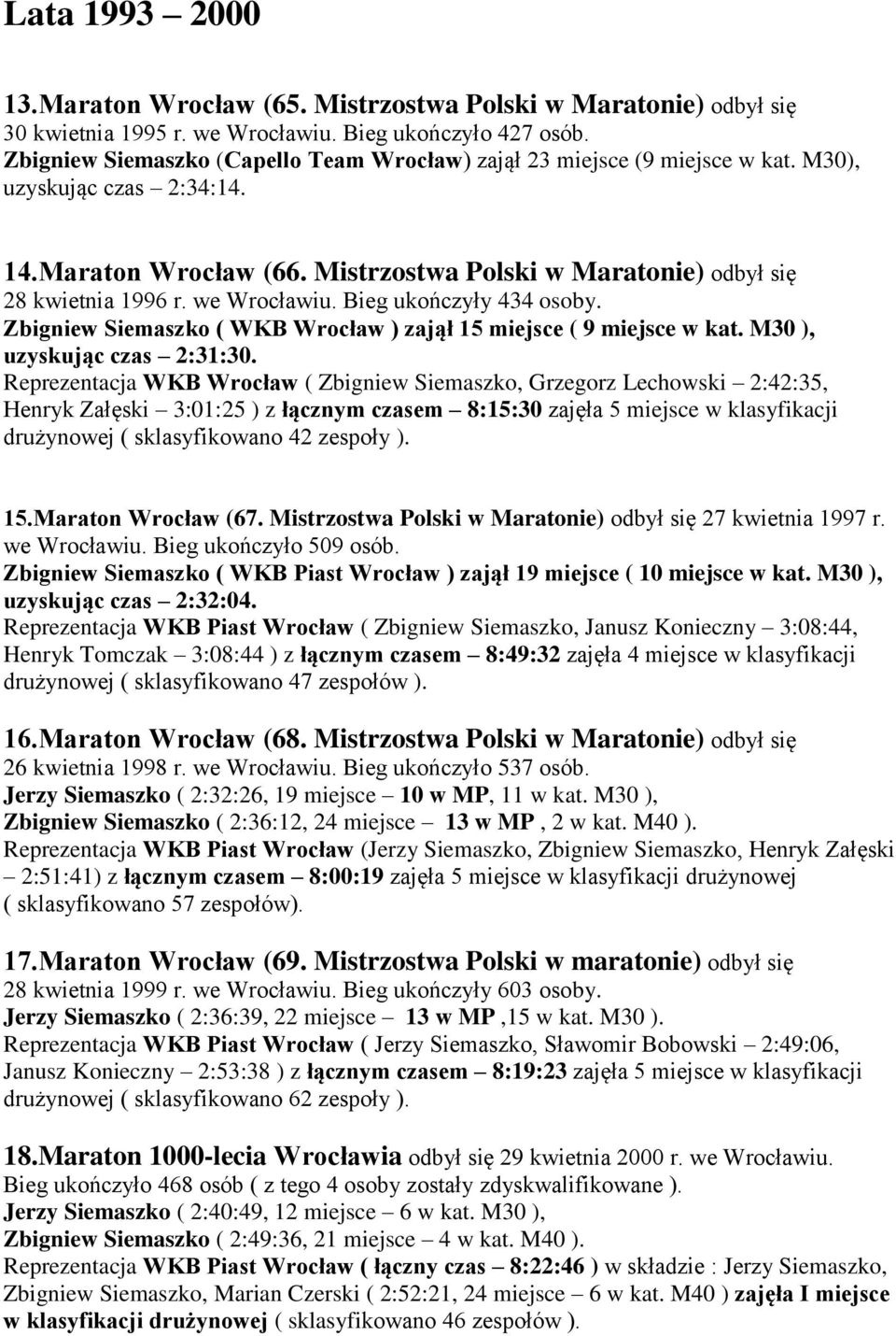 we Wrocławiu. Bieg ukończyły 434 osoby. Zbigniew Siemaszko ( WKB Wrocław ) zajął 15 miejsce ( 9 miejsce w kat. M30 ), uzyskując czas 2:31:30.